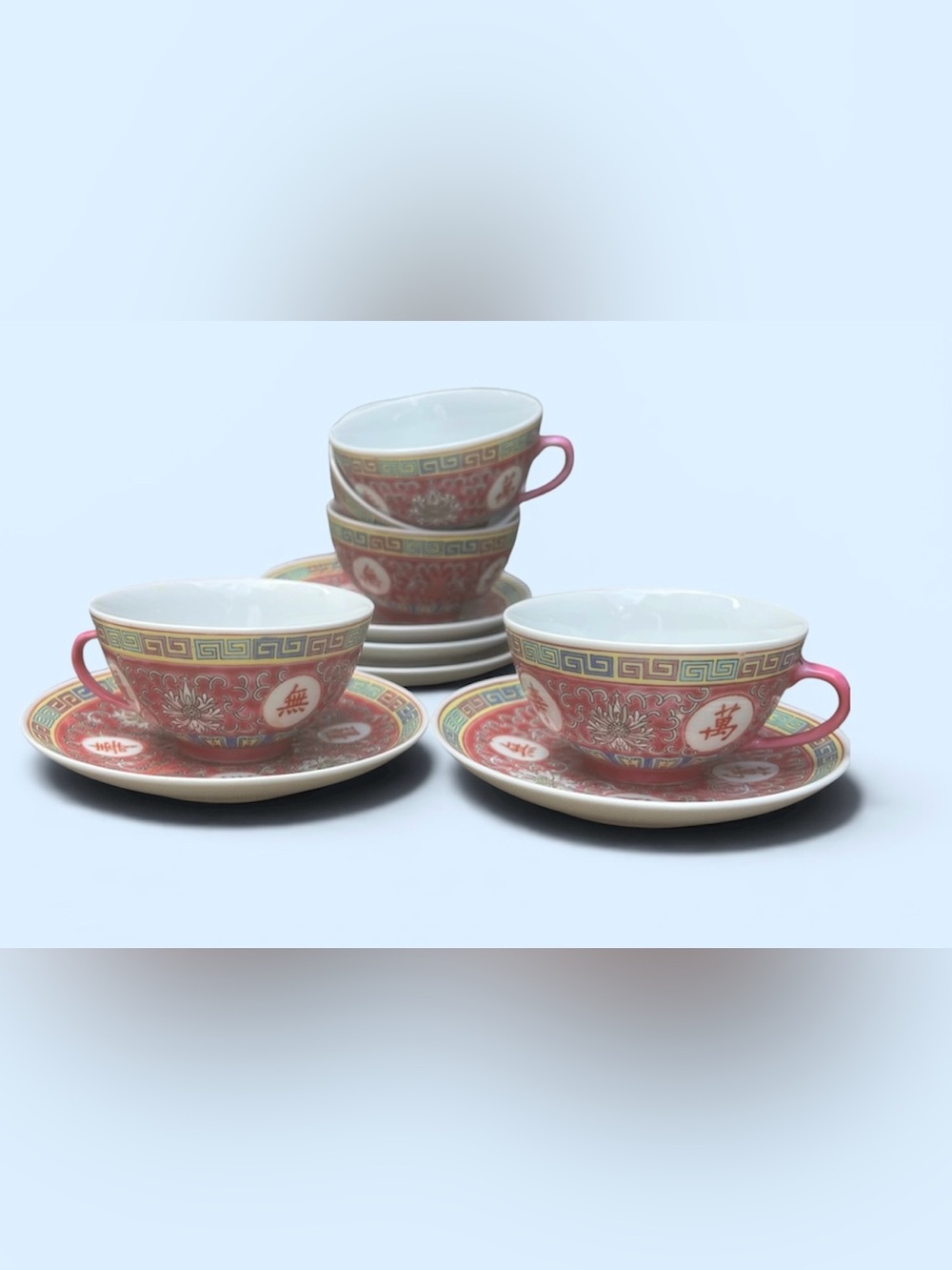 Mun Shou Longevity Red Porcelain Cups with Saucers Set of 5